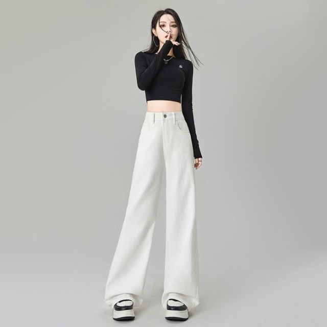 11760369.柒蒙 白色简约柔软宽松显瘦直筒垂感拖地裤新款高腰阔腿牛仔裤女装