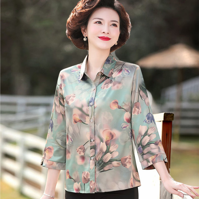 12642480.妈妈装撞色七分袖洋气衬衫QCYR613