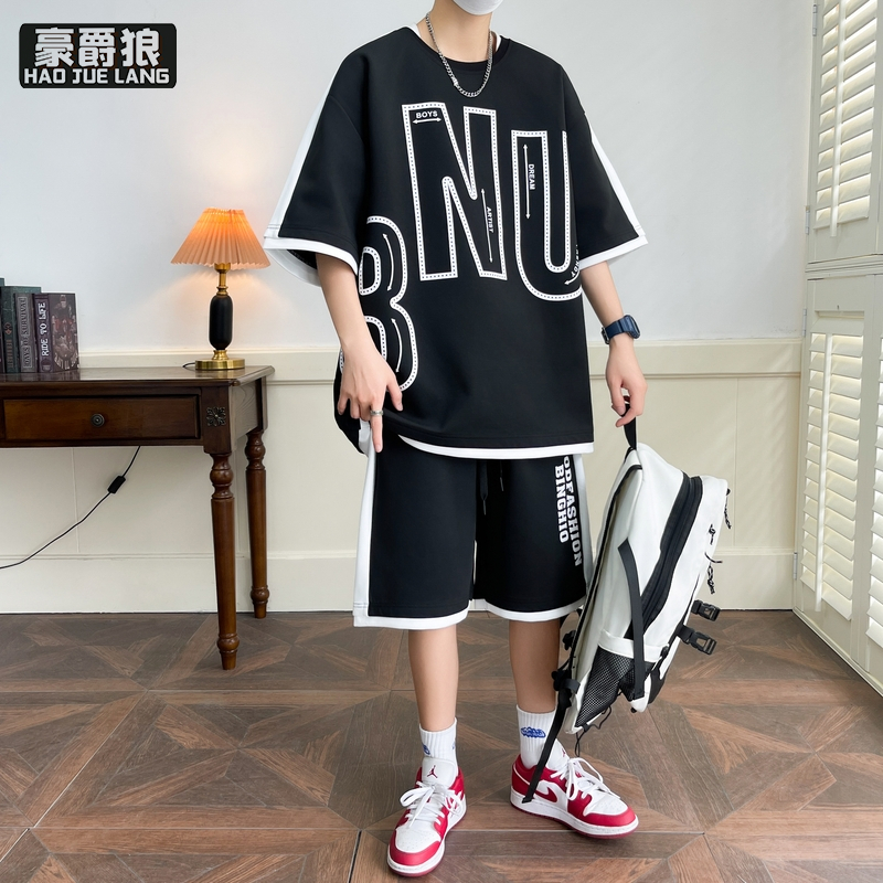 11766955.新款夏季男短裤T恤套装潮牌时尚休闲圆领港风五分袖运动短袖宽松