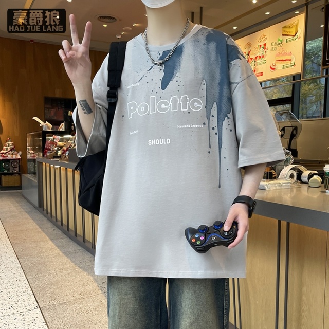 11766950.夏季新款纯棉短袖t恤男青少年潮牌宽松休闲半袖学生上衣撞色体恤