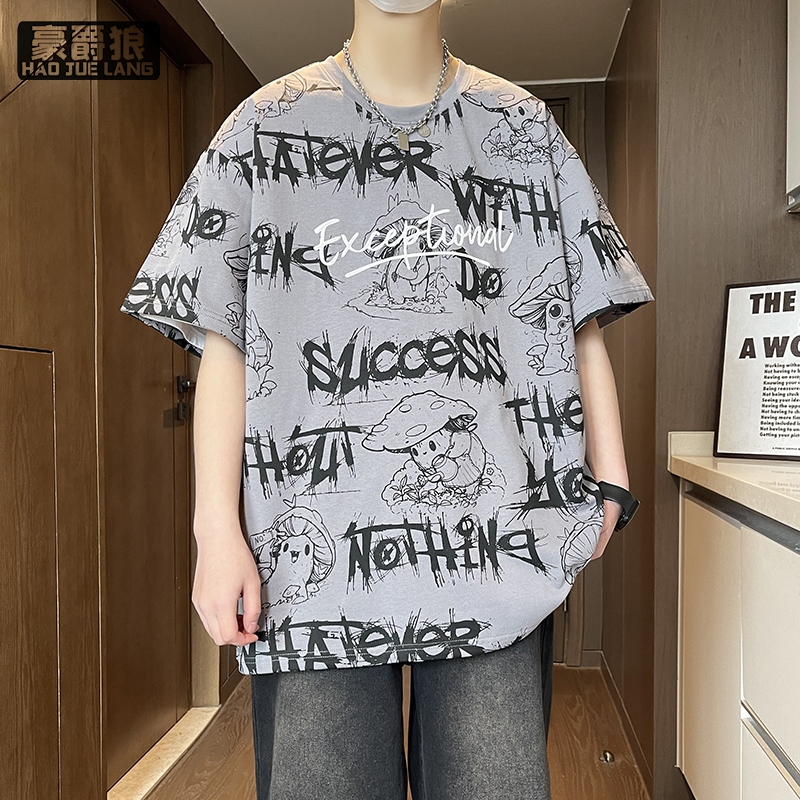 11766907.夏季新款纯棉短袖男潮流宽松服T恤上衣圆领五分袖半袖T恤