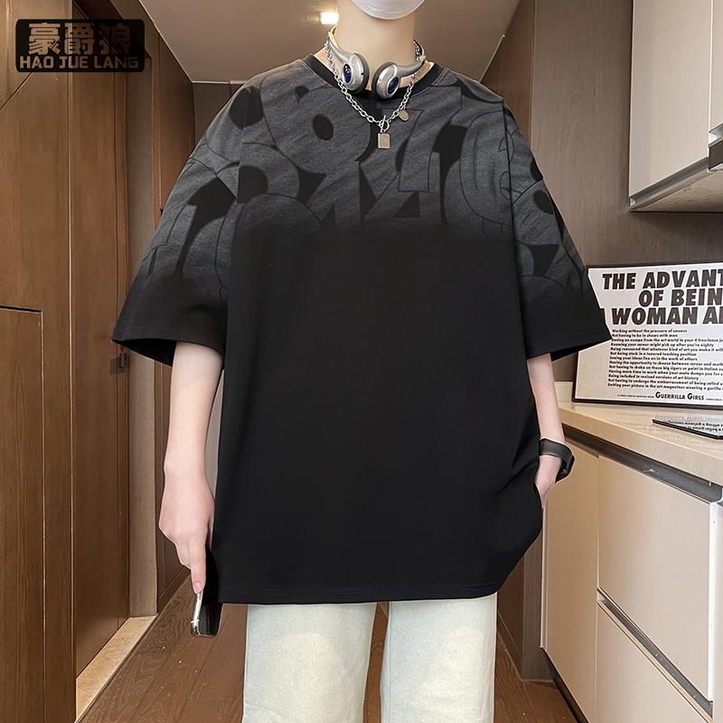 11766894.五分短袖男夏季新款美式渐变涂鸦圆领t恤男士宽松休闲百搭体恤衫
