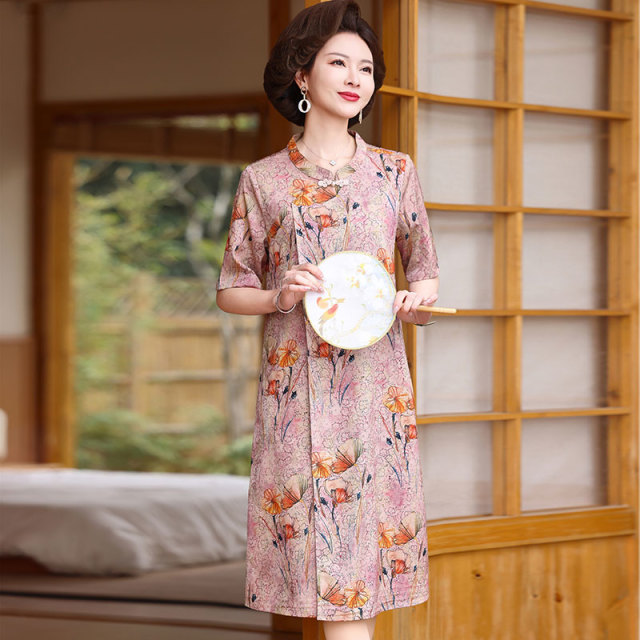 12642481.妈妈装花色假两件洋气连衣裙QCYR2830