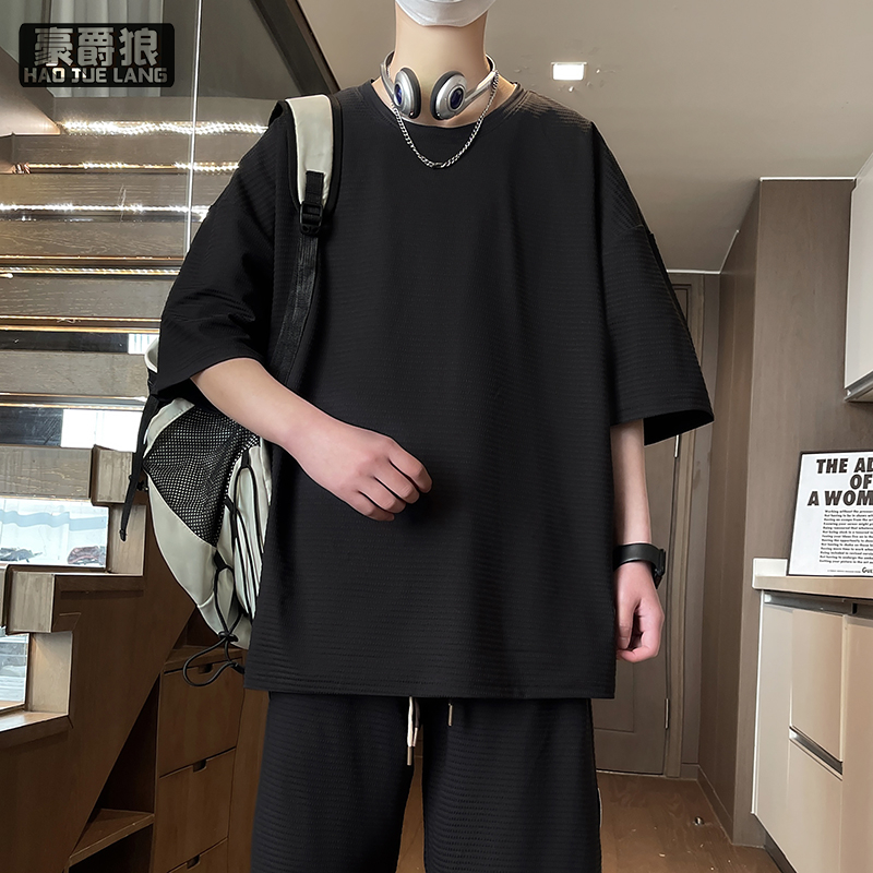 11766958.新款夏季男潮流宽松服潮牌学生短袖T恤上衣圆领提花半袖T恤
