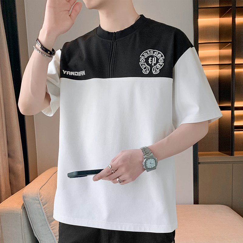 11763387.淘贝鼠夏季新款男式大码潮流半开胸拉链拼接拼色短袖T恤【淘贝鼠男装XJ】