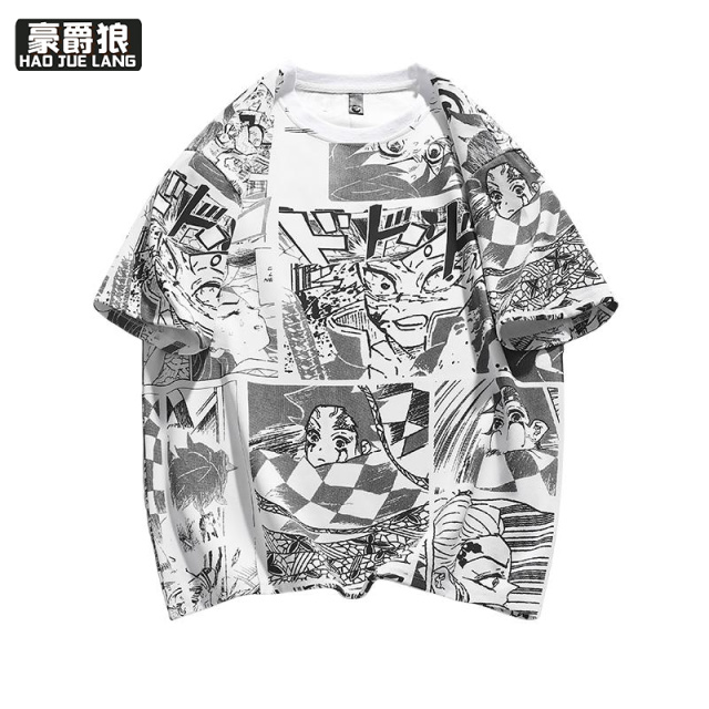 11766965.夏季新款卡通印花动漫满印学生T恤圆领男生短袖青少年