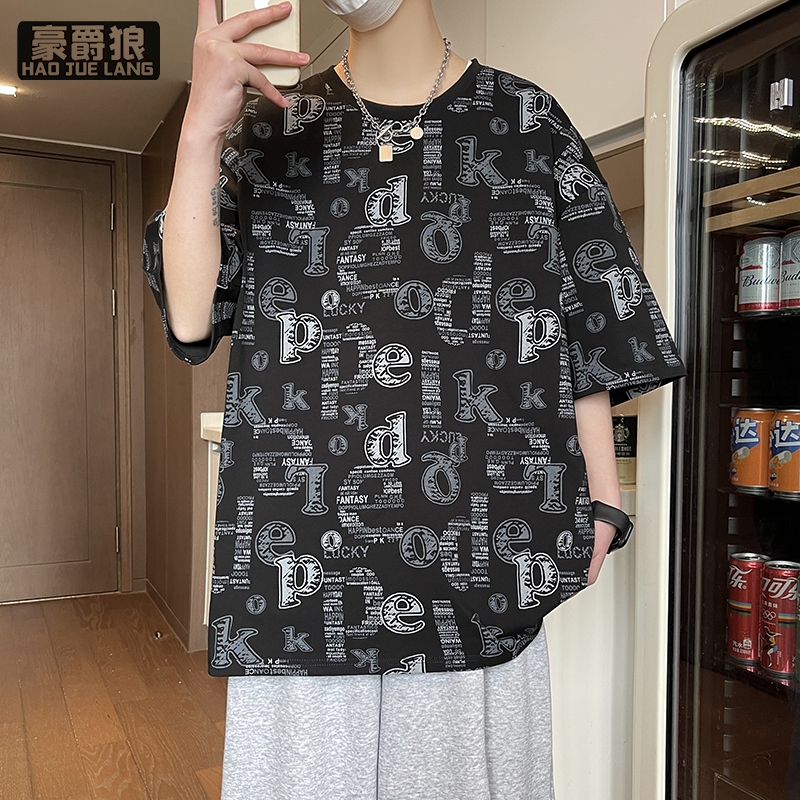 11766945.纯棉短袖男夏季字母印花半袖t恤男宽松上衣青少年五分袖港风体恤T