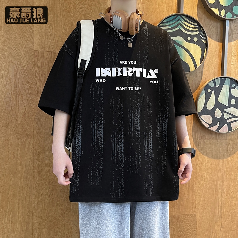 11766893.字母印花短袖t恤男夏季潮流扎染圆领凉感五分袖潮牌青少年体恤衫