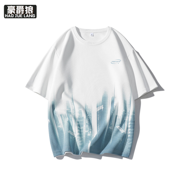 11766919.渐变色短袖男夏季落肩袖宽松t恤半袖男潮牌五分袖体恤衫T