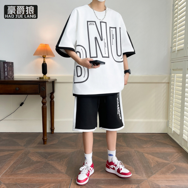 11766955.新款夏季男短裤T恤套装潮牌时尚休闲圆领港风五分袖运动短袖宽松