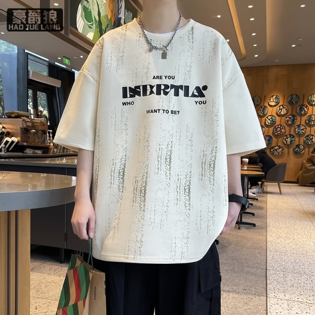 11766893.字母印花短袖t恤男夏季潮流扎染圆领凉感五分袖潮牌青少年体恤衫
