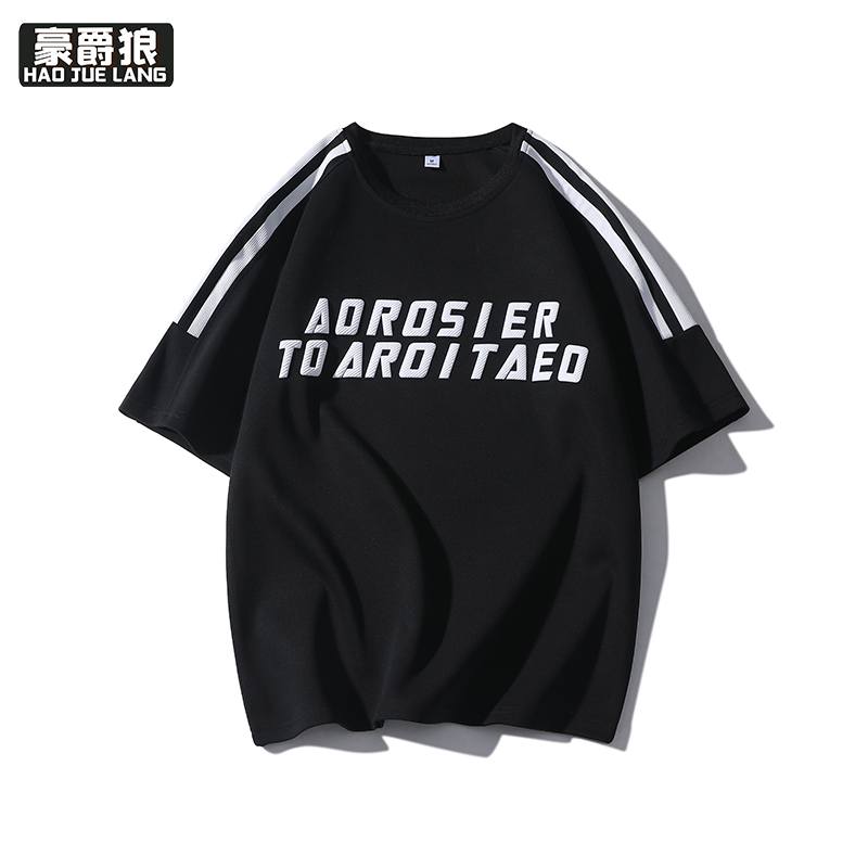 11766901.美式条纹重磅短袖t恤男生夏季新款潮流字母印花宽松休闲半袖上衣