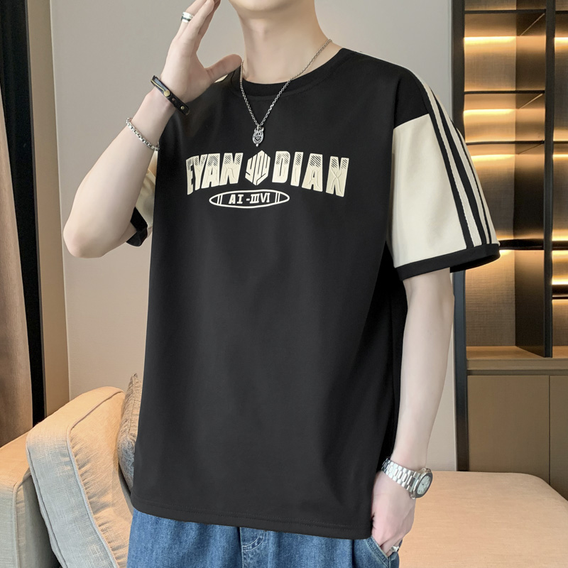 11763396.淘贝鼠夏季新款男式大码潮流拼接撞色痞帅圆领短袖T恤【淘贝鼠男装XJ】