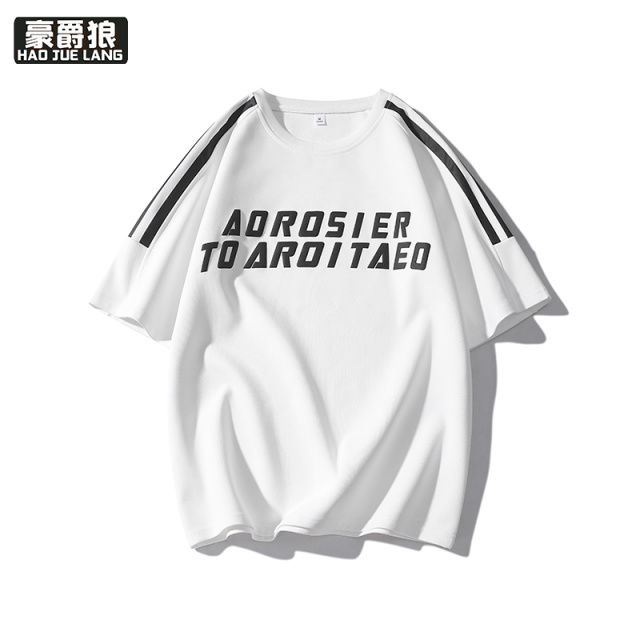 11766901.美式条纹重磅短袖t恤男生夏季新款潮流字母印花宽松休闲半袖上衣