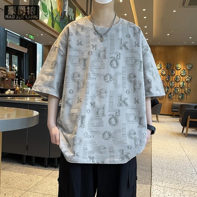 11766945.纯棉短袖男夏季字母印花半袖t恤男宽松上衣青少年五分袖港风体恤T