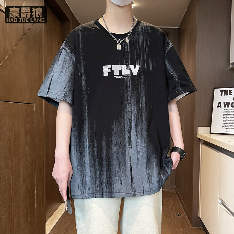 11766900.短袖t恤男夏季新款学生潮牌圆领套头宽松休闲五分袖半袖体恤上衣