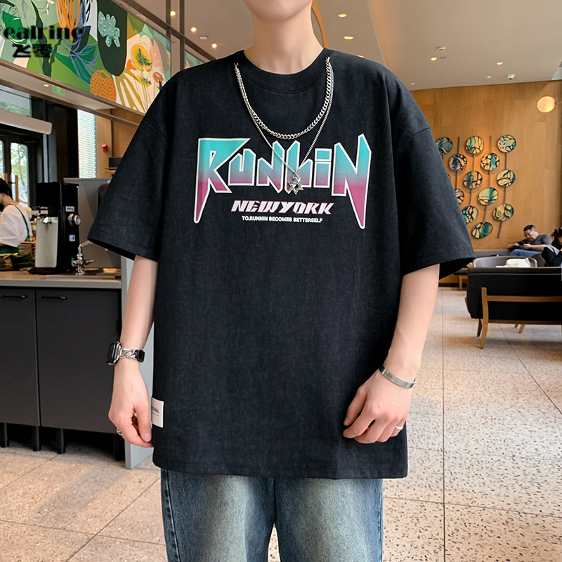 11768169.飞零夏季新款潮流青少年圆领T恤字母大童双面丝光