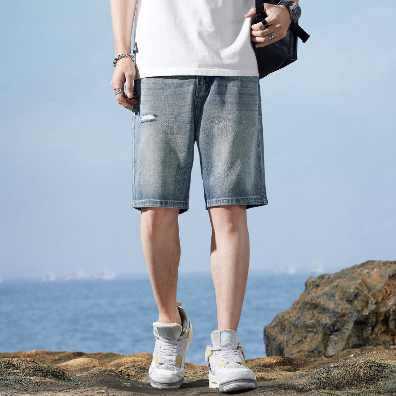 11767135.美式休闲复古破洞大码牛仔短裤男潮流痞帅五分裤夏季男装薄款中裤
