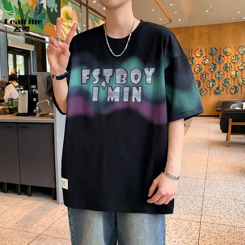 11768381.飞零夏季新款潮流青少年圆领宽松T恤大童渐变液氨棉