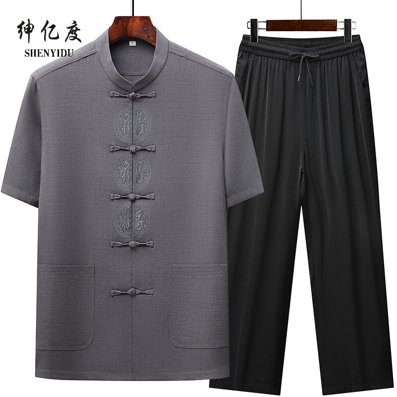 11777084.中老年唐装短袖男休闲爸爸装冰丝套装