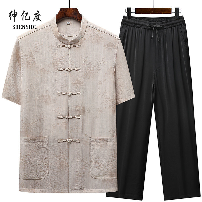 11777088.中老年唐装男短袖套装中国风汉服