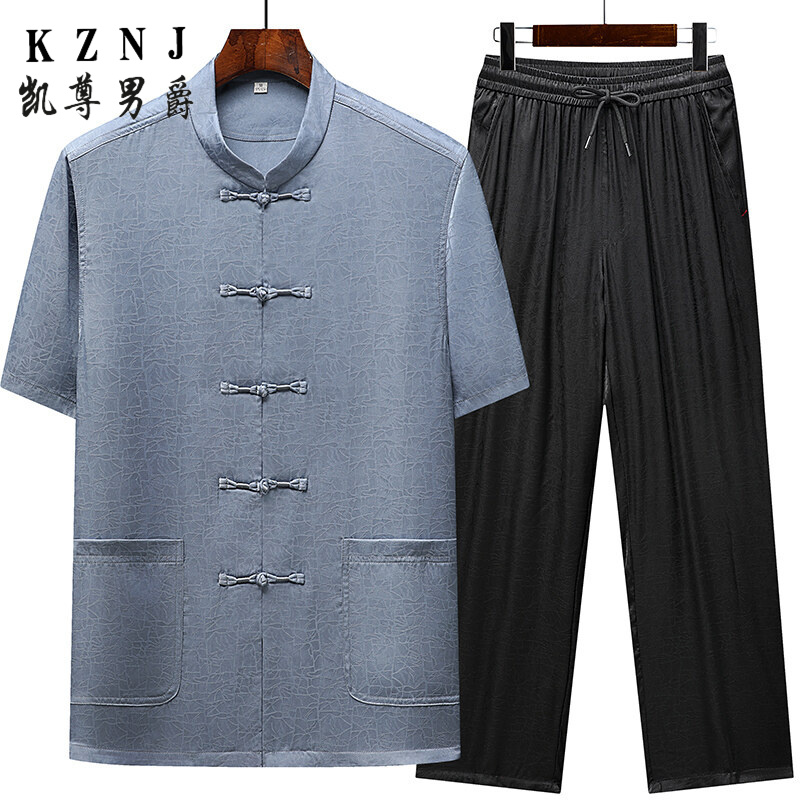 11776890.中老年唐装男短袖套装冰丝汉服男