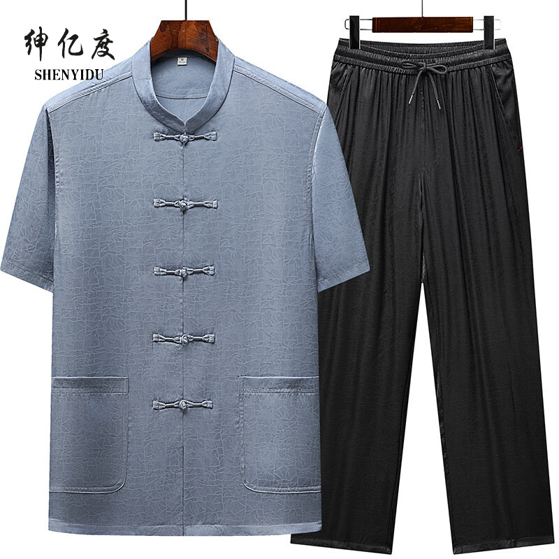 11777072.中老年唐装男短袖套装冰丝汉服男