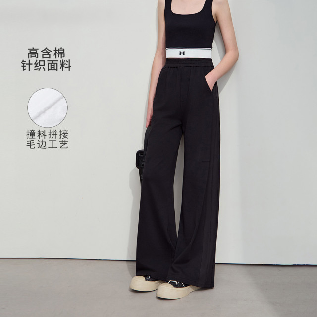 11782406.新款橡筋腰头撞料拼接宽松阔腿裤休闲长裤女黑色裤子