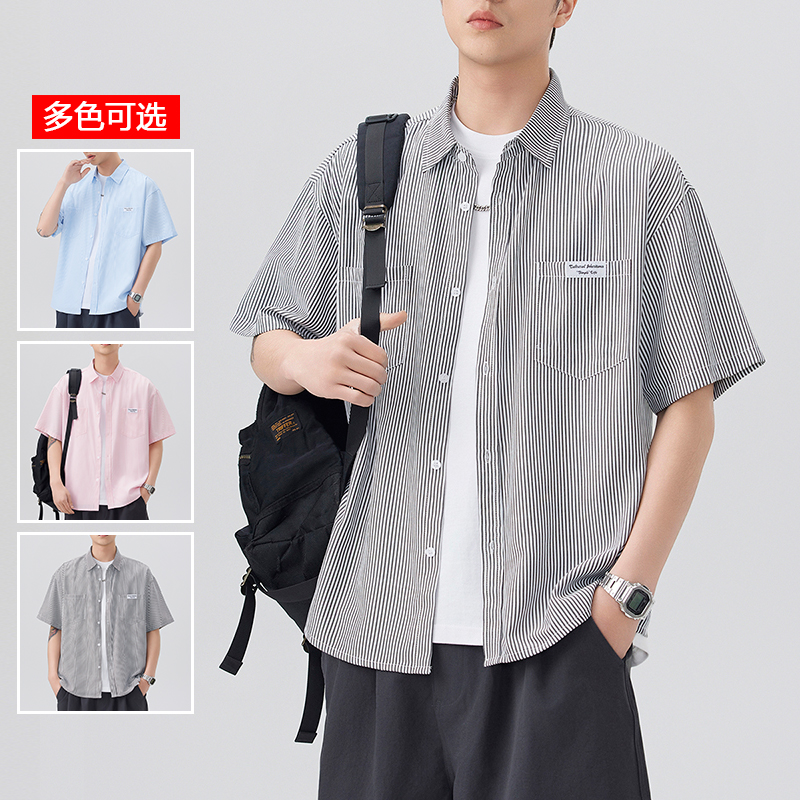 11786008.衣仕梵夏季新款男式竖条纹潮牌宽松外搭短袖衬衫【衣仕梵男装XJ】