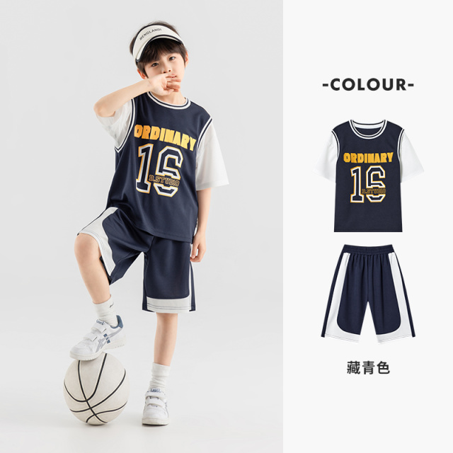 13311592.男童运动网眼套装夏季儿童假两件短袖裤子中大童时尚帅气篮球服