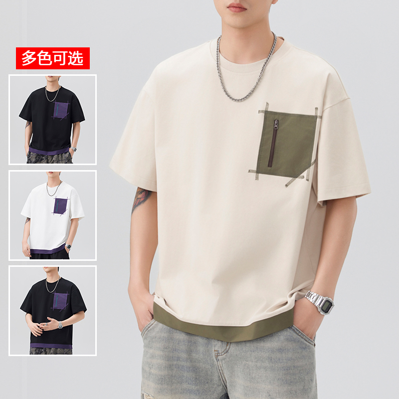 11786047.衣仕梵夏季新款男式冰丝潮流拼接撞色口袋设计短袖T恤【衣仕梵男装XJ】