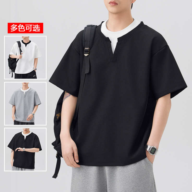 11786061.衣仕梵夏季新款男式华夫格潮流假两件痞帅百搭短袖T恤【衣仕梵男装XJ】