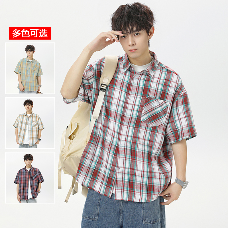 11785994.衣仕梵夏季新款男式青少年格纹潮牌宽松外搭短袖衬衫【衣仕梵男装XJ】