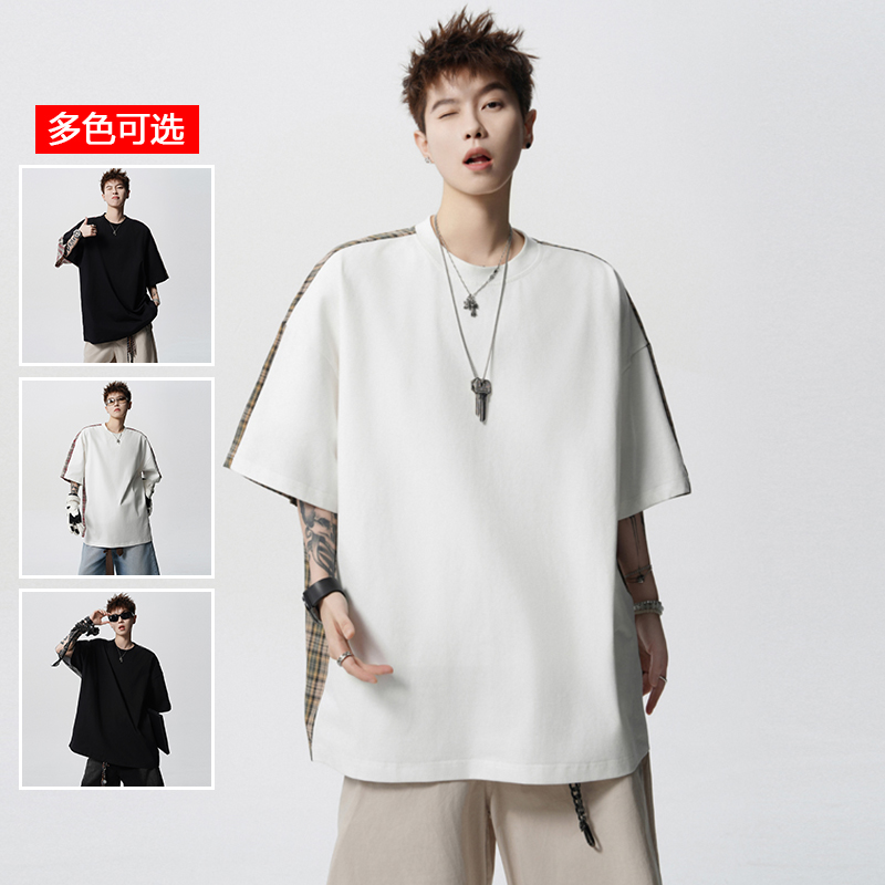 11786082.衣仕梵夏季新款男式潮牌复古拼接格纹潮流情侣款百搭短袖T恤【衣仕梵男装XJ】