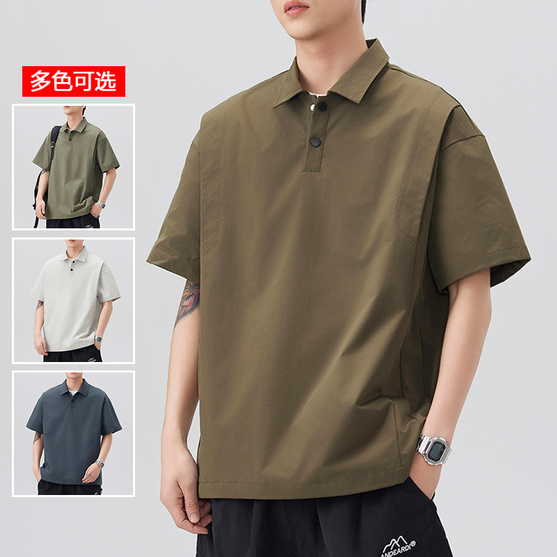 11786078.衣仕梵夏季新款男式潮牌翻领抽绳宽松短袖T恤【衣仕梵男装XJ】