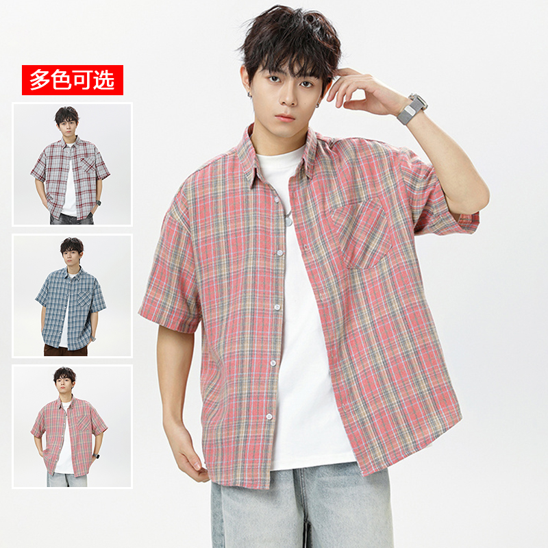 11785996.衣仕梵夏季新款男式文艺港风格纹潮牌宽松外搭短袖衬衫【衣仕梵男装XJ】