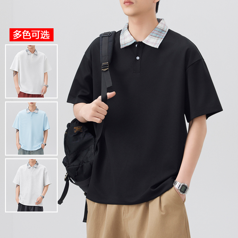 11786060.衣仕梵夏季新款男式翻领格纹潮流青少年百搭短袖T恤【衣仕梵男装XJ】