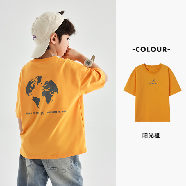 13309028.【地球印花】男童短袖2025夏季舒适凉感宽松上衣儿童百搭休闲T恤