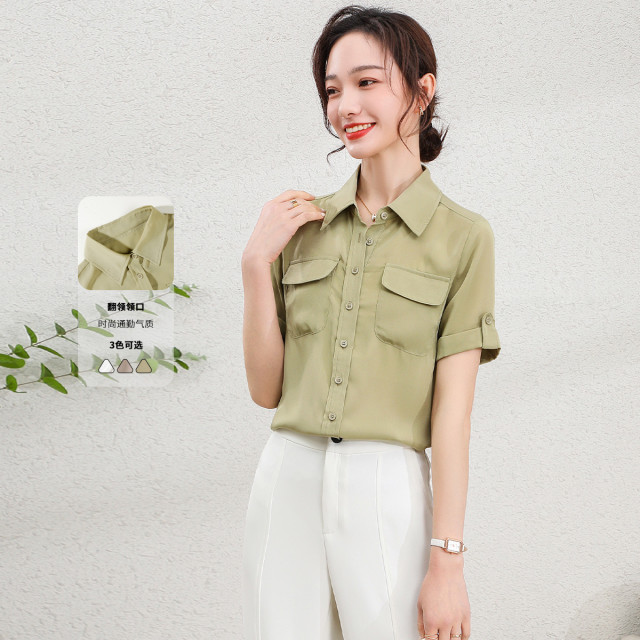 11799549.【清仓特卖】【通勤翻领衬衫】夏季单排扣百搭双口袋纯色短袖女上衣