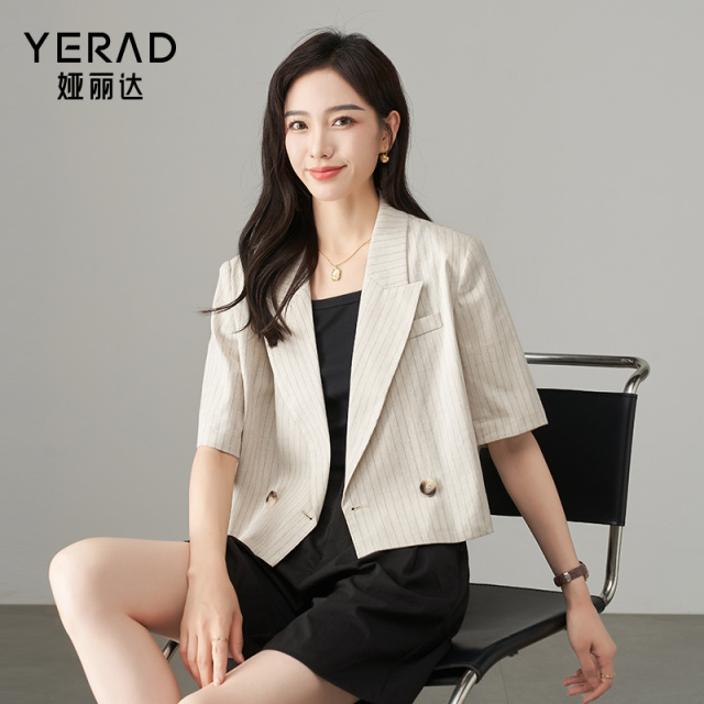 11794539.【娅丽达】条纹短袖西装女宽松显瘦短西服女上衣