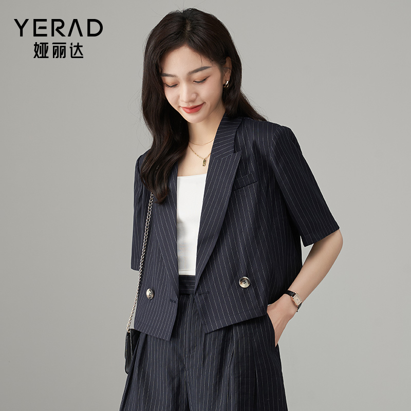 11794494.【娅丽达】条纹短袖西装女宽松显瘦短西服女上衣潮薄