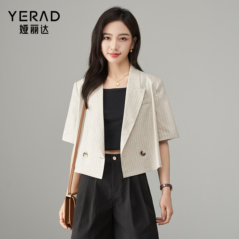 11794539.【娅丽达】条纹短袖西装女宽松显瘦短西服女上衣
