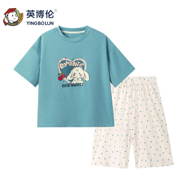 11898301.英博伦新款少女睡衣夏季纯棉薄款女大童短袖套装初学生家居服