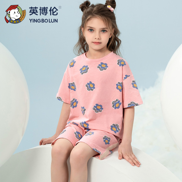 11897153.英博伦女童睡衣纯棉女孩可爱短袖短裤夏季薄款儿童家居服套装