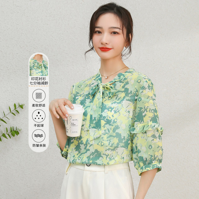 11802396.【清仓特卖】【印花衬衫】夏季系带领薄款套头衫七分袖减龄上衣女