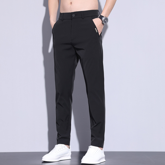 11790589.男士夏季九分裤修身冰丝薄款小脚裤子男装2025夏天新款直筒休闲裤