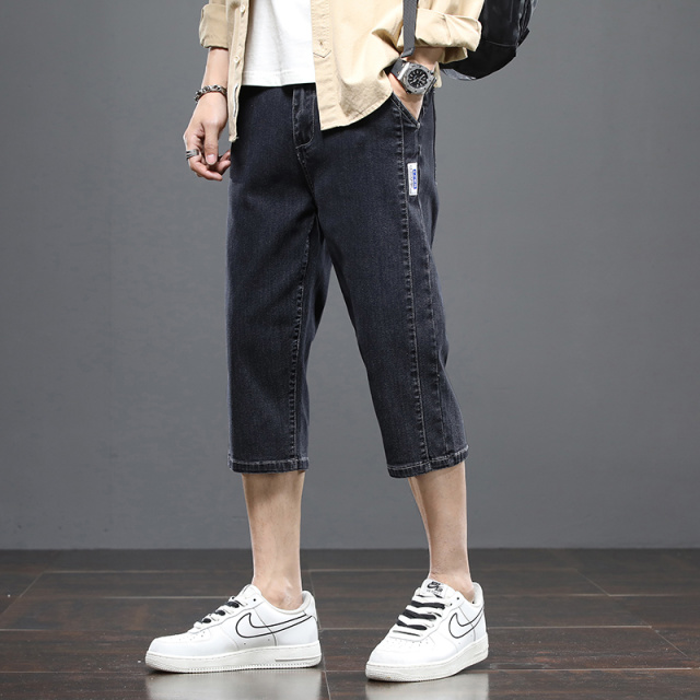 11790543.夏季牛仔短裤男新款男士潮牌宽松微哈弹力高端男款七分裤修身裤子