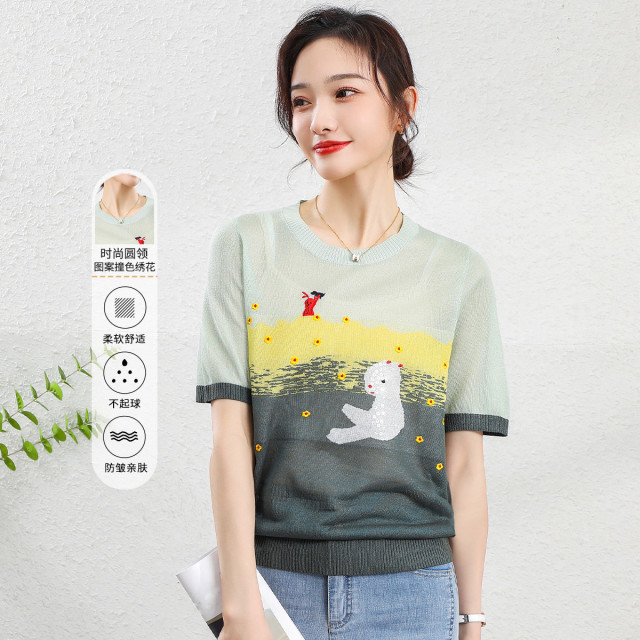 11802525.【清仓特卖】【减龄针织衫】夏季时尚圆领卡通图案撞色绣花短袖T恤女