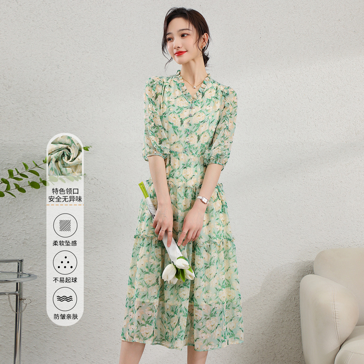 11802356.【清仓特卖】【法式碎花长裙】夏季新款时尚V领收腰显瘦七分袖连衣裙女