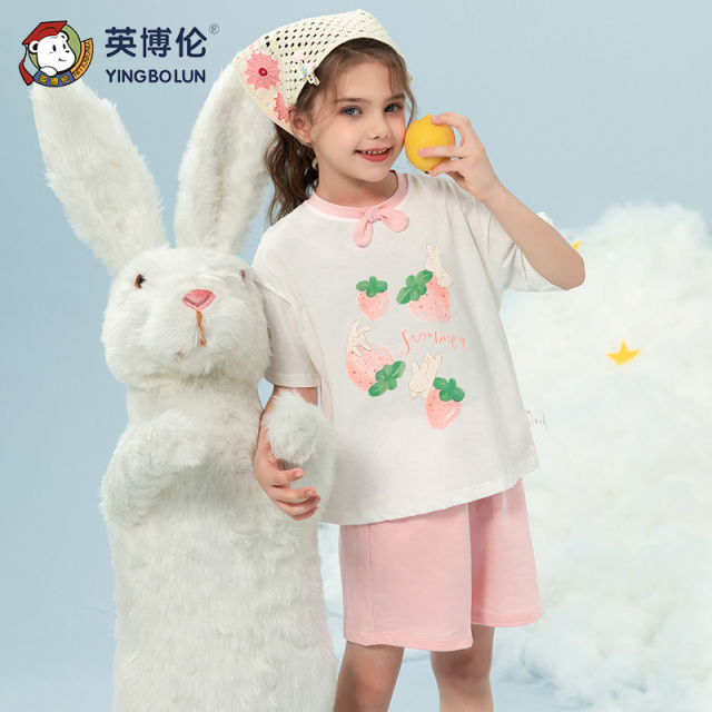 11898292.英博伦女童睡衣纯棉女孩可爱卡通短袖短裤夏季薄款儿童家居服套装